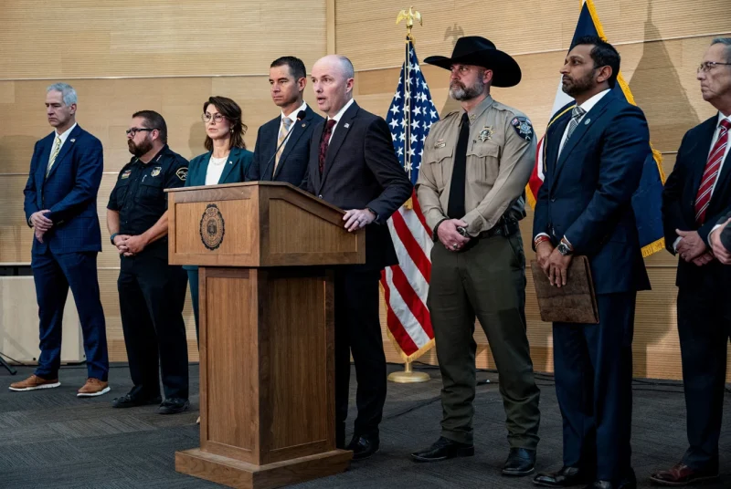 Gubernur Utah, Spencer Cox saat Konferensi Pers Penangkapan Tyler Robinson. (Cheney Orr/ Reuteurs)